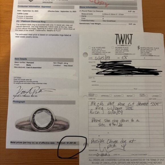 Me & Ro Platinum and Rose Cut Natural Diamond Ring Bezel Set .37 ctw - Picture 7 of 9